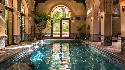 An opulent Moroccan pool paradise, resplendent with geometric tiles, inviting alcoves, and the soothing sound of water, creating an exotic retreat.