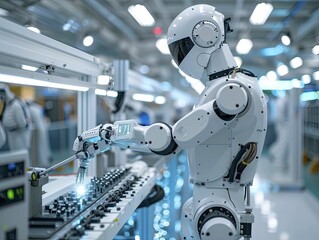 Robotic Control Systems manage assembly operations in smart factories with precision using dedicated computer stations.