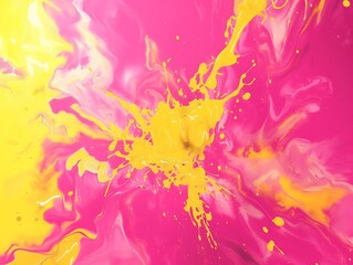 Vivid shades of pink and yellow paint splashing dynamically, invoking a sense of creativity and energetic movement.