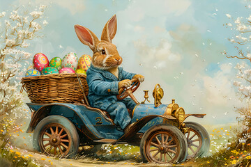 The illustration shows an elegant Easter bunny dressed in retro style, driving a retro car and carrying a wicker basket with Easter eggs. - obrazy, fototapety, plakaty