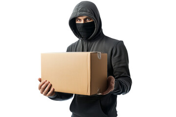 professionalism of a courier service holding a box without a label on a white background.