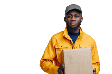professionalism of a courier service holding a box without a label on a white background.