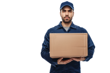 feeling of reliability and security by imagining a courier carrying a nondescript box against a clean white background.