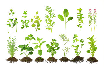 different types of seedlings, from flowers to vegetables, creating a varied and vibrant display against a white background.