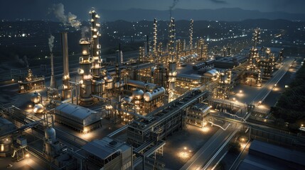 Fototapeta premium Strategic lighting transforms the factory into a glowing industrial landmark visible for miles.