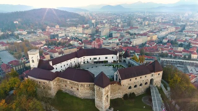 Ljubljana castle city skyline aerial view fly over catle in ljubljana slovenia 4K.