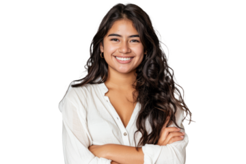 woman with folded arms and a charming smile, showcasing her approachable and engaging personality.