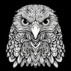 Hawk Mandala Style Illustration, black and white