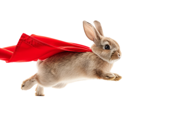 rabbit leaping or in mid-jump, dressed in a superhero outfit, showcasing agility and bravery.