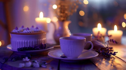Foto op Plexiglas A dreamy setup with soft candlelight, a lavender-themed cake, and an exquisite tea and coffee presentation for a cozy romantic evening.  © Muhammad
