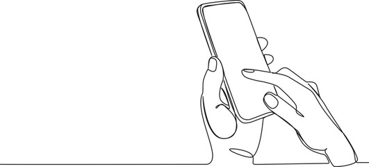 continuous single line drawing of hands holding smartphone, line art vector illustration - obrazy, fototapety, plakaty