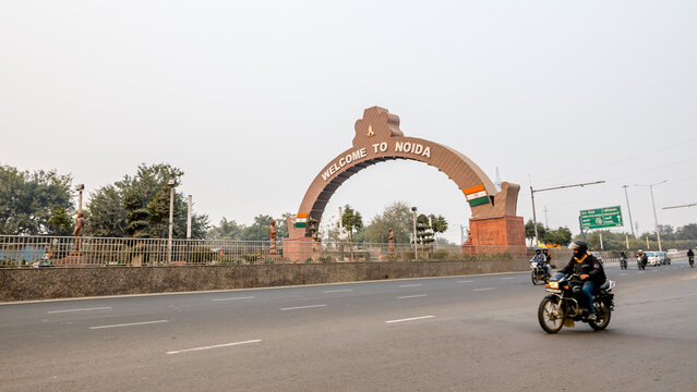 Newly inaugurated Noida Gate. New Okhla Industrial Development Authority, NOIDA is a city located in Gautam Buddha Nagar district of the Indian state of Uttar Pradesh