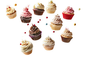 cupcakes in flight, highlighting their frosting swirls and decorative toppings. on white background