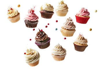 cupcakes in flight, highlighting their frosting swirls and decorative toppings. on white background