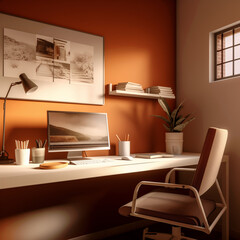 Cozy Workspace Corner with Warm Lighting and Elegant White Office Furniture