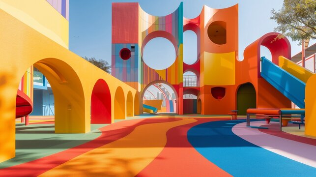 A kaleidoscopic wonderland of playful structures, winding slides, and interactive installations, creating a joyful haven for children's imaginations.