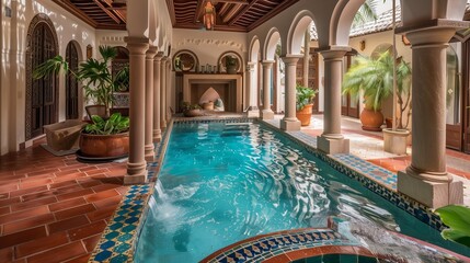 A captivating Moroccan-themed pool, featuring mosaic designs, traditional lanterns, and lush greenery, creating a tranquil oasis in vibrant hues.