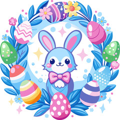 Easter cute hare, Easter wreath with colorful eggs and flowers. Circle print with easter bunny for decoration, scrapbooking. Design element. pastel, transparent. Spring holiday. Vector illustration