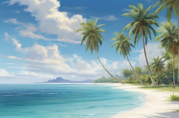 A beautiful beach with beautiful sea and sand. There are some coconut trees on the land.