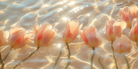 Peach tulips floating gracefully on water with soft sunlight reflections A tranquil floral display, with pastel tulips afloat amidst reflections of light Spring background, abstract natural backdrop