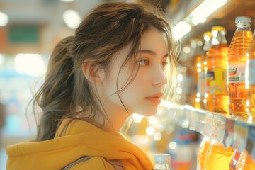 a woman looking at a shelf with bottles - obrazy, fototapety, plakaty