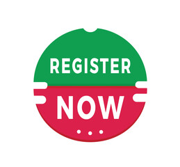 register now, red sticker for banner modern style. Vector design template.