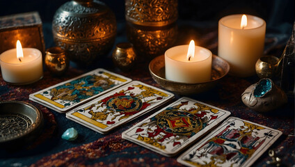Tarot cards, magical esoteric paraphernalia, and candle equipment. Photography