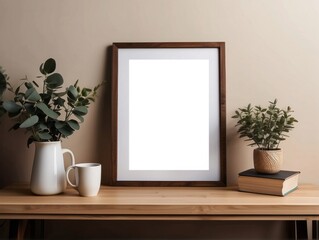 Empty wooden picture frame, poster mockup hanging on beige wall background