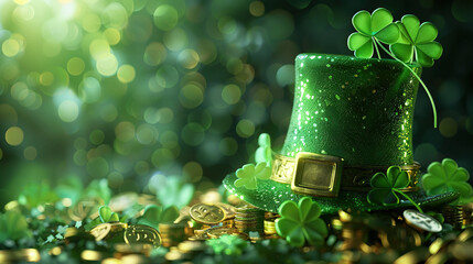 Banner with Shiny green hat, gold coins and clover leaves. St. Patrick's day concept generative ai