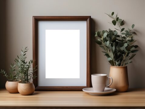 Empty wooden picture frame, poster mockup hanging on beige wall background