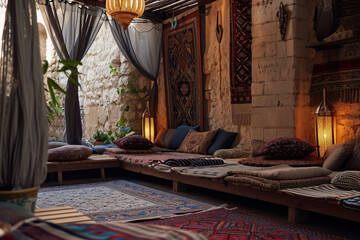 The cozy warmth of a Turkish hammam relaxation area, featuring traditional raised platforms with...