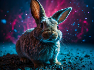 rabbit in paint, colored dust, bright colors, photography. protecting animals from drug testing.