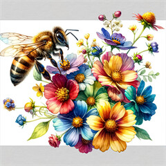 An illustration of a bee and flower bouquet, rendered in watercolor style. - obrazy, fototapety, plakaty