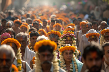 The devotion and spiritual fervor of devotees as they undertake the long Thaipusam procession. Soft focus. - obrazy, fototapety, plakaty