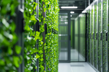 An expansive data center powered by renewable energy sources, presenting the fusion of technology and ecological responsibility.