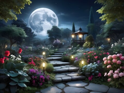 background moonlit garden full of enthereal beauty