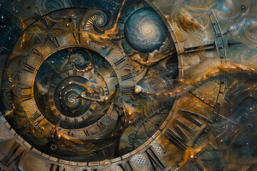 A mesmerizing fusion of celestial and earthly timekeeping is formed by the interweaving of cosmic phenomena and clock mechanics in an abstract portrayal of time.