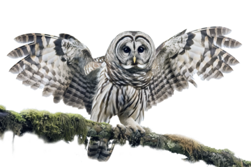 A powerful barred owl perched on a mossy branch, staring intensely at the viewer, with its wings extended to reveal its striking feather patterns.