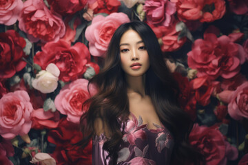 Portrait of a beautiful girl with long hair with red and pink rose flowers wall as a background. Fashion and beauty concept