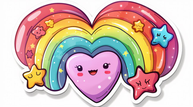 Cheerful cartoon of a rainbow with stars and a heart at each end, both adorned with cute faces, ai generated, AI generated