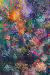 Fototapeta na wymiar A portrayal of a mystical forest abundant with otherworldly flora depicted in a captivating explosion of oil pastel hues, conjuring a surreal atmosphere.