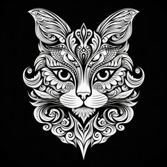 Cat Mandala Style Illustration, black and white