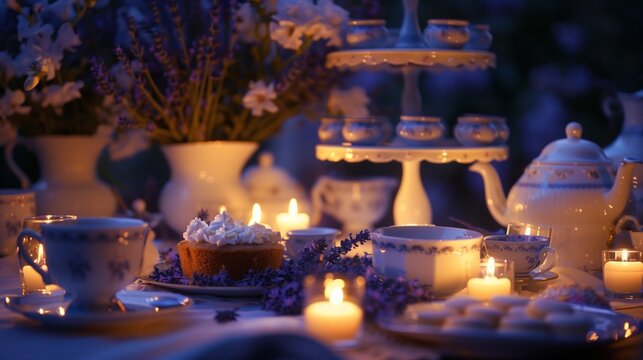 A romantic scene, ambient with flickering candles, a lavender cake centerpiece, and elegantly served tea and coffee for two.
