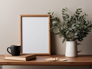 Empty wooden picture frame, poster mockup hanging on beige wall background