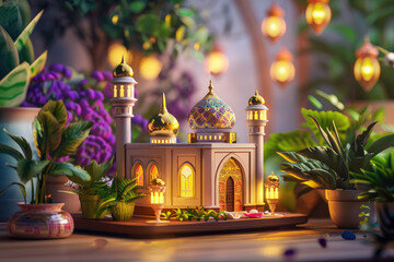 Ramadan Kareem with miniature mosque on a wooden table with plants.