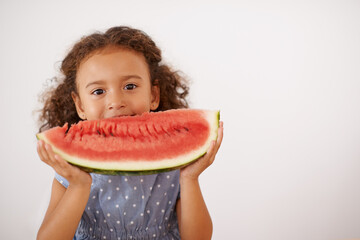 Eyes, portrait or girl with watermelon in studio for healthy, diet or wellness on grey background. Fruit, mockup or kid model face with gut health, nutrition or organic snack for digestion support