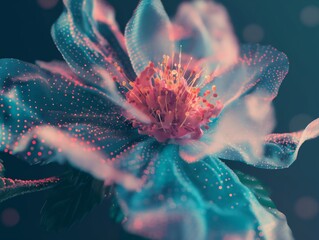 A digital artwork of a glowing neon flower with a bokeh background, symbolizing fantasy and technology blend.