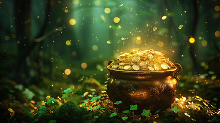 black pot full of gold coins and shamrock leaves. st. patrick's day abstract green background for design, banner, invitation. digital art, generative ai 
