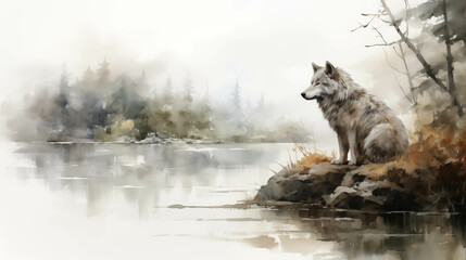 A watercolor painting of a wolf on the edge of a pond amidst the mist. - obrazy, fototapety, plakaty