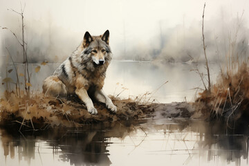 A watercolor painting of a wolf on the edge of a pond amidst the mist.